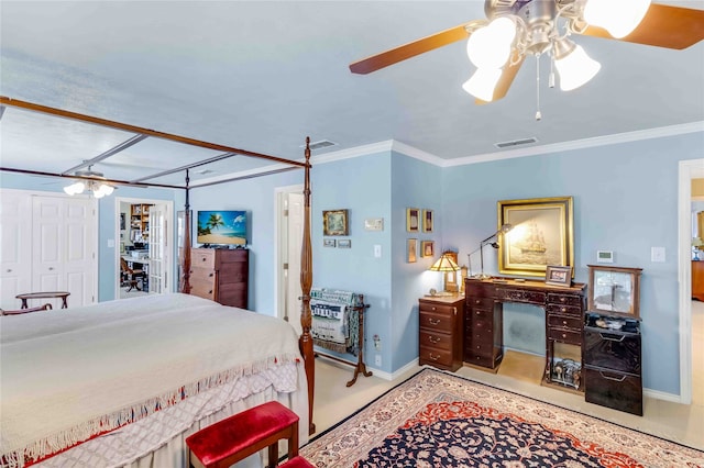 bedroom with ceiling fan, ornamental molding, visible vents, and baseboards