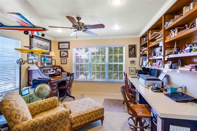 office area featuring ceiling fan, ornamental molding, and baseboards