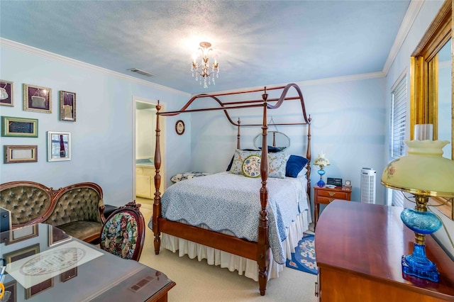 bedroom featuring crown molding, visible vents, light carpet, a textured ceiling, and a chandelier