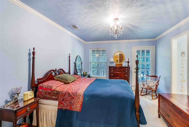 bedroom featuring crown molding, visible vents, light colored carpet, an inviting chandelier, and a textured ceiling