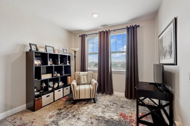 living area featuring baseboards