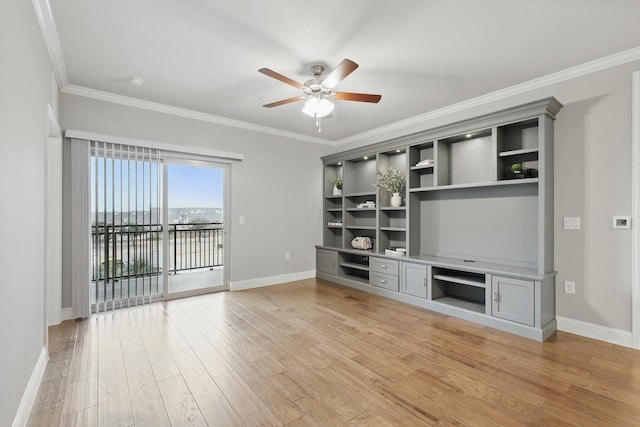 unfurnished living room featuring ornamental molding, light wood-type flooring, a ceiling fan, and baseboards