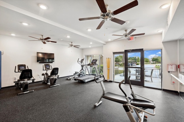 exercise room featuring recessed lighting, french doors, and baseboards