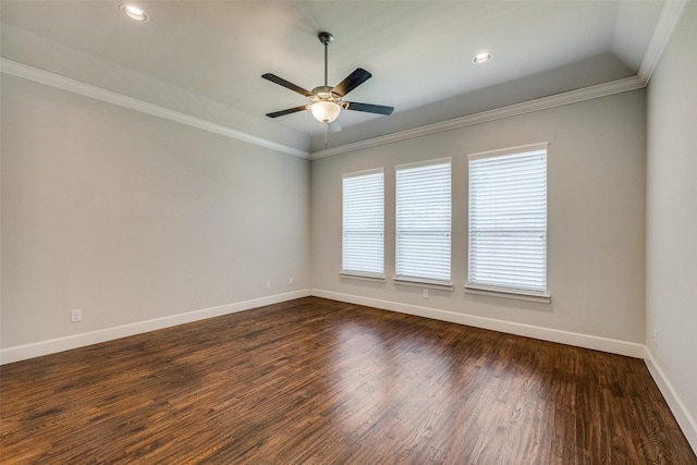 unfurnished room with crown molding, ceiling fan, and dark wood-type flooring