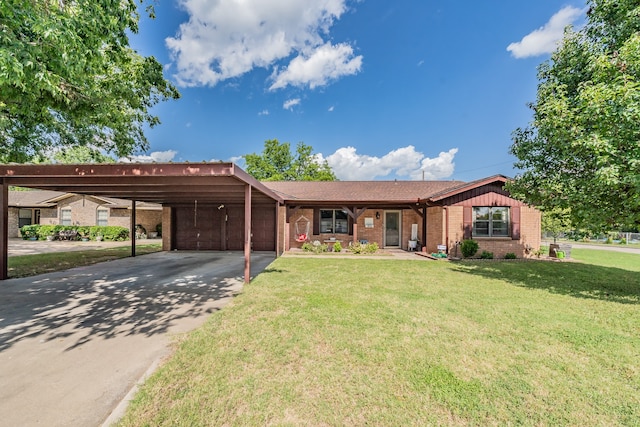 ranch-style home with a garage, a carport, and a front yard