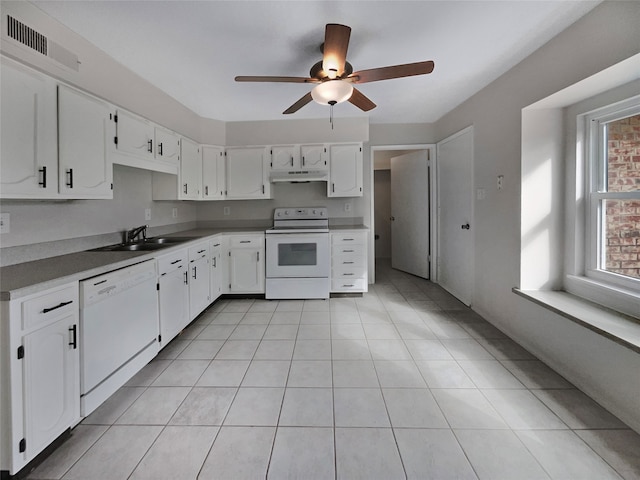 kitchen featuring ceiling fan, white cabinets, white appliances, sink, and light tile patterned floors