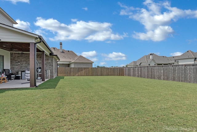 view of yard featuring a patio area and ceiling fan