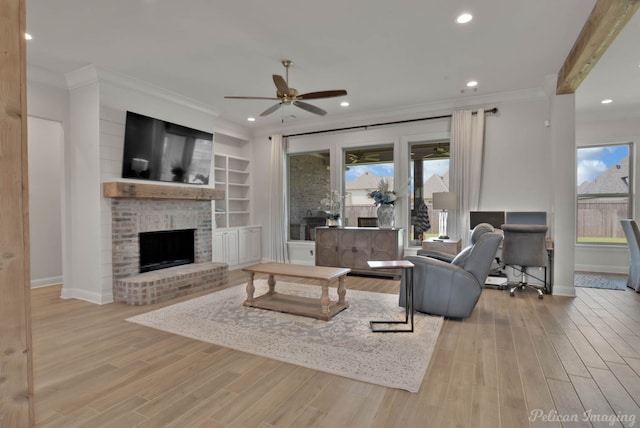 living room featuring light hardwood / wood-style flooring, crown molding, a fireplace, and ceiling fan