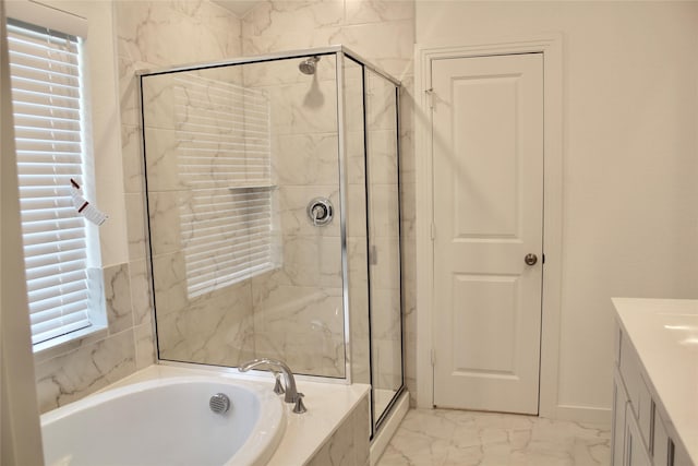 bathroom with plus walk in shower and vanity