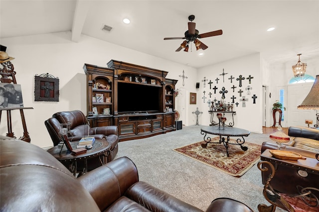 living room with carpet floors, vaulted ceiling with beams, and ceiling fan with notable chandelier