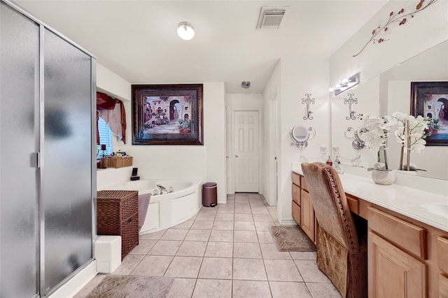 full bath with visible vents, tile patterned floors, a garden tub, vanity, and a shower stall