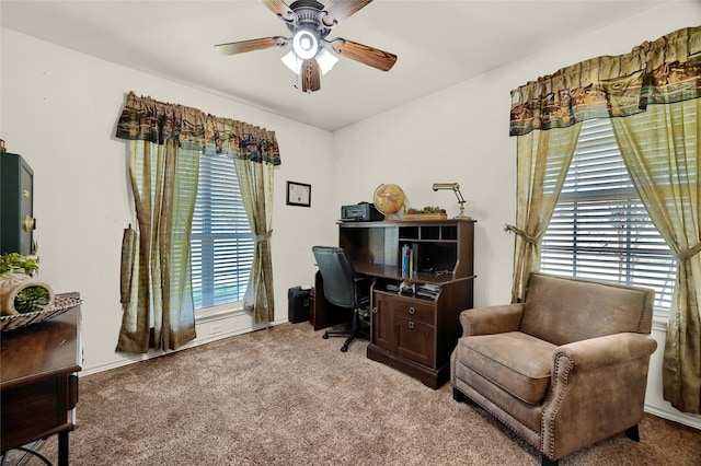 office area featuring ceiling fan and carpet