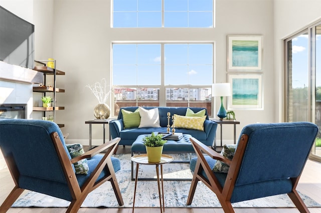 living room featuring a high ceiling