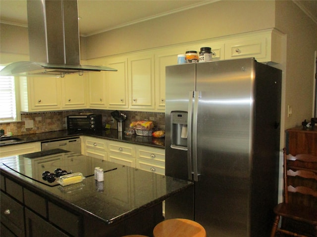 kitchen with stainless steel fridge with ice dispenser, white cabinetry, island range hood, dark stone counters, and dishwashing machine