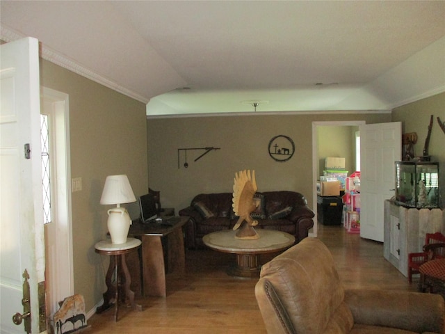 living room with vaulted ceiling, crown molding, and wood-type flooring