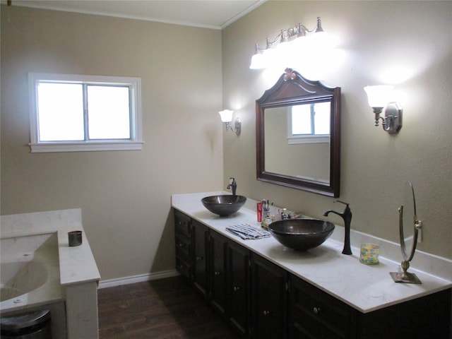 bathroom featuring a tub to relax in, vanity, and wood-type flooring