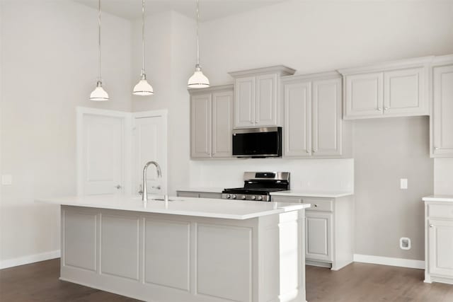 kitchen featuring wood finished floors, a kitchen island with sink, light countertops, a sink, and appliances with stainless steel finishes