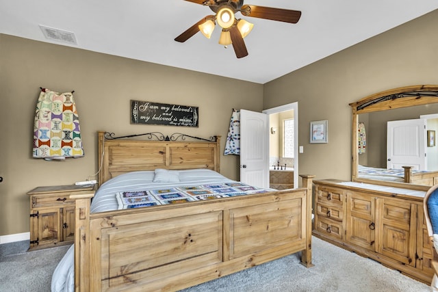 bedroom with light colored carpet and ceiling fan