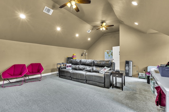 carpeted living room with lofted ceiling and ceiling fan