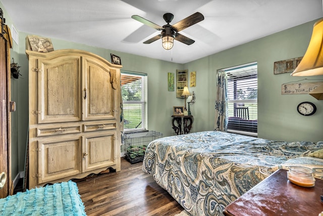 bedroom featuring ceiling fan, dark hardwood / wood-style floors, and multiple windows