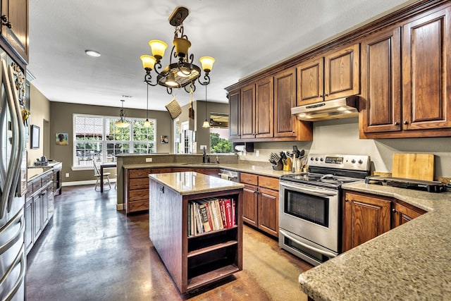 kitchen featuring sink, kitchen peninsula, a kitchen island, pendant lighting, and stainless steel appliances