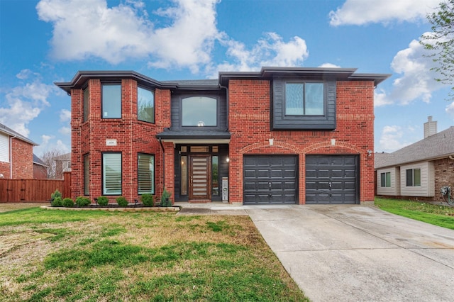 view of front of property with driveway, a garage, fence, and brick siding