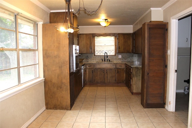 kitchen featuring pendant lighting, stainless steel appliances, sink, backsplash, and ornamental molding