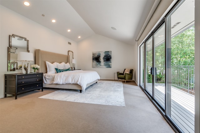 bedroom with access to outside, carpet, and vaulted ceiling