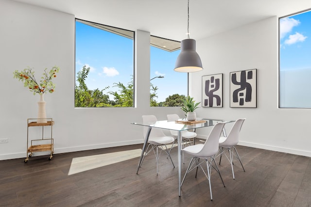 dining space featuring dark hardwood / wood-style floors, a wall of windows, and plenty of natural light