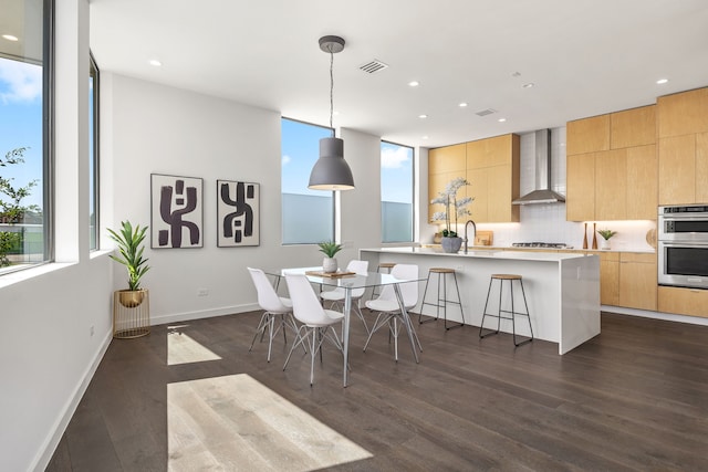 dining space with expansive windows and dark wood-type flooring