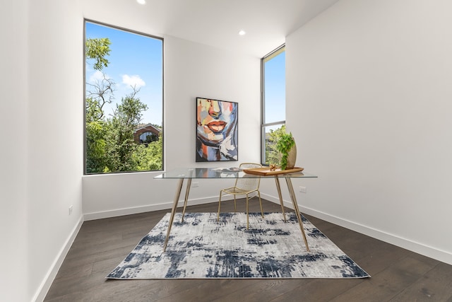 office space with floor to ceiling windows and dark wood-type flooring