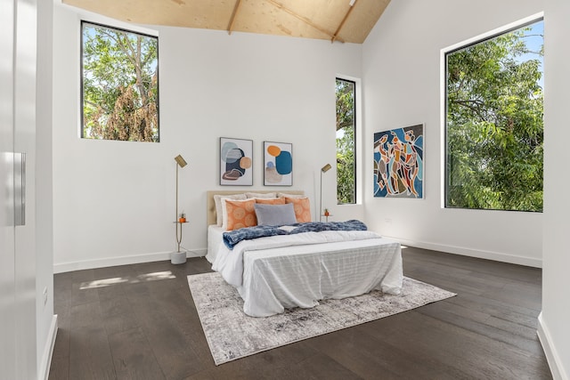 bedroom featuring multiple windows, high vaulted ceiling, and dark wood-type flooring