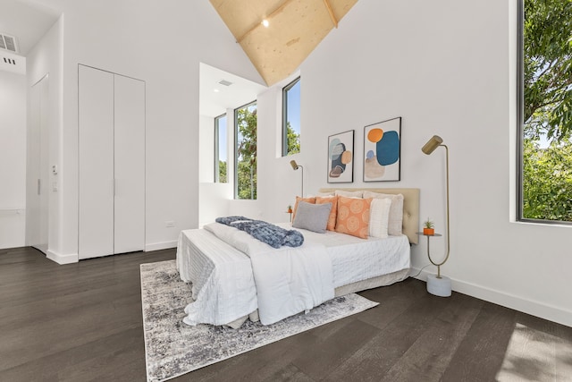 bedroom featuring high vaulted ceiling and dark hardwood / wood-style floors