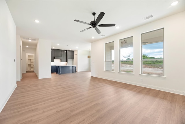 unfurnished living room with light hardwood / wood-style flooring and ceiling fan