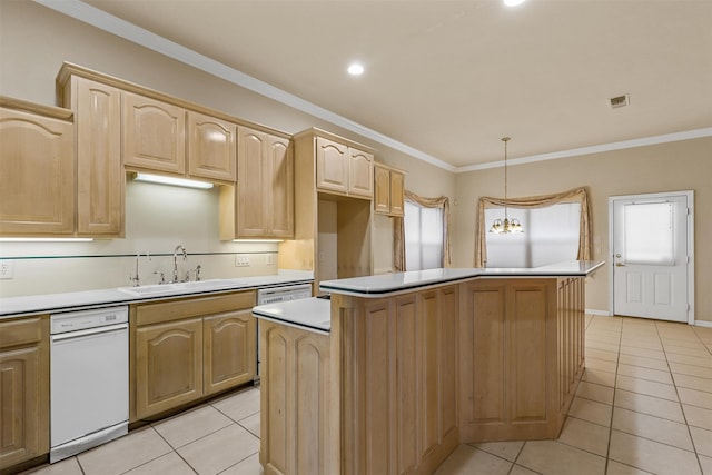 kitchen with light brown cabinetry, a center island, crown molding, and sink