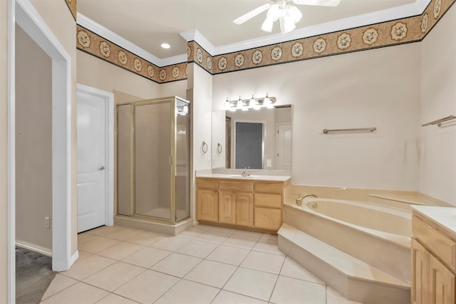 bathroom featuring independent shower and bath and ornamental molding