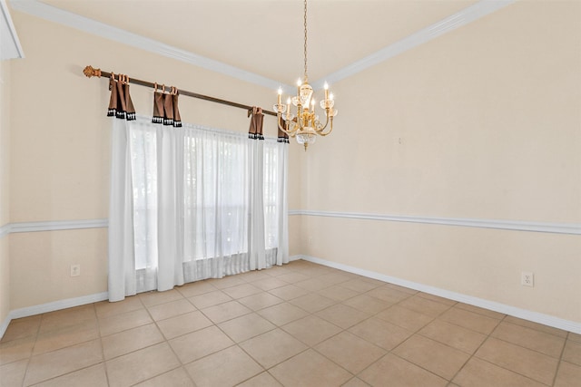 tiled empty room with an inviting chandelier and ornamental molding