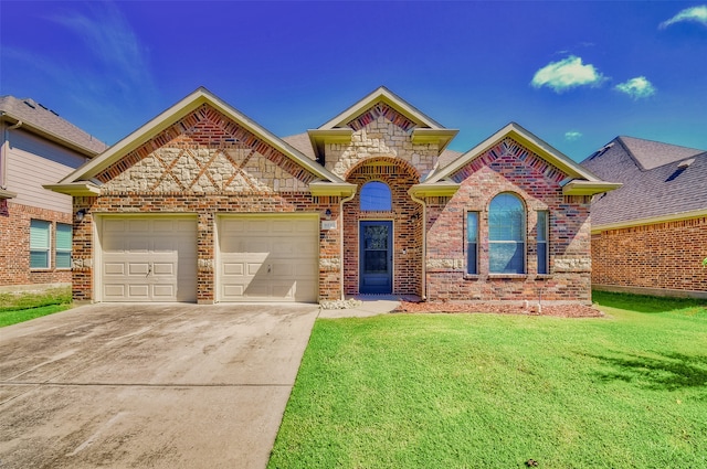 view of front of house with a garage and a front lawn