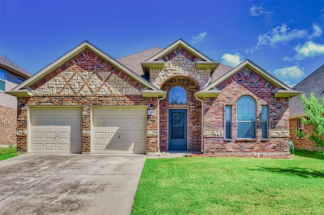 9816 Mullins Crossing Dr, Fort Worth, TX 76126 - french provincial home with a garage, driveway, a front yard, and brick siding
