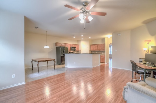 9816 Mullins Crossing Dr, Fort Worth, TX 76126 - living room with a ceiling fan, baseboards, light wood-style floors, and recessed lighting
