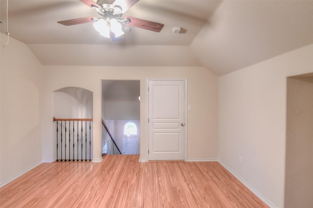 9816 Mullins Crossing Dr, Fort Worth, TX 76126 - spare room featuring lofted ceiling, light wood-type flooring, ceiling fan, and baseboards