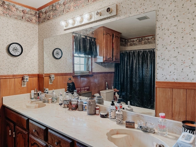 bathroom featuring toilet, vanity, and a shower with curtain