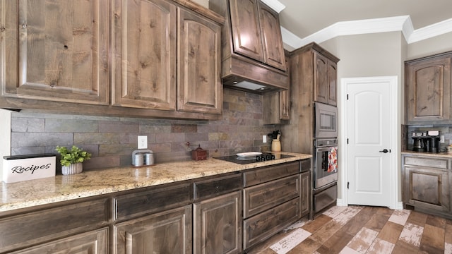 kitchen with tasteful backsplash, stainless steel appliances, dark hardwood / wood-style flooring, dark brown cabinetry, and custom range hood