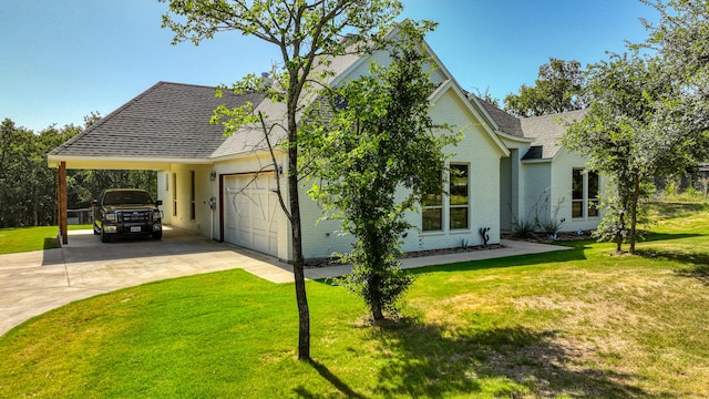 view of side of home featuring a garage, a yard, and a carport