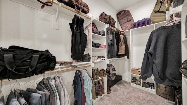 walk in closet featuring light colored carpet