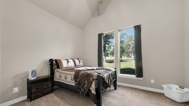 bedroom with carpet floors and high vaulted ceiling