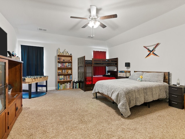 carpeted bedroom with ceiling fan