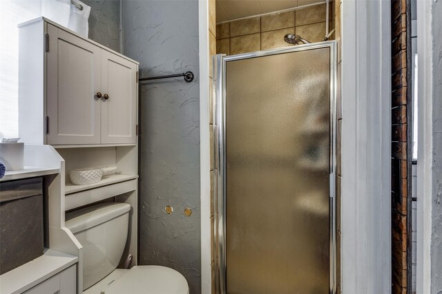 bathroom featuring vanity, toilet, and an enclosed shower