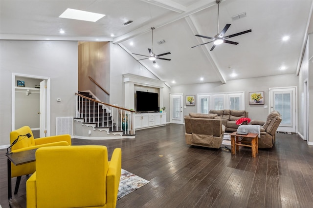 living room featuring high vaulted ceiling, ceiling fan, dark hardwood / wood-style floors, and beamed ceiling