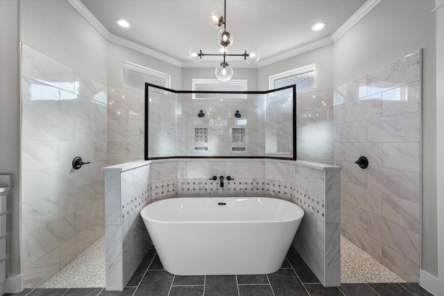 bathroom featuring plus walk in shower, tile patterned flooring, and tile walls